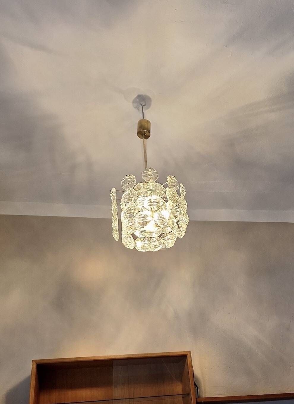 Kinkeldey brass and faceted glass 3-level chandelier, 1960s