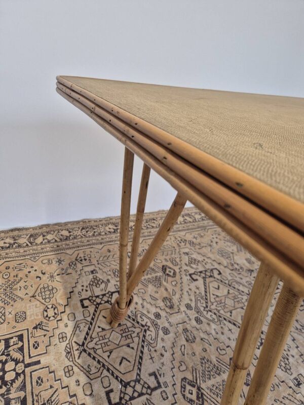 Table de salle à manger pieds compas en rotin, 1950