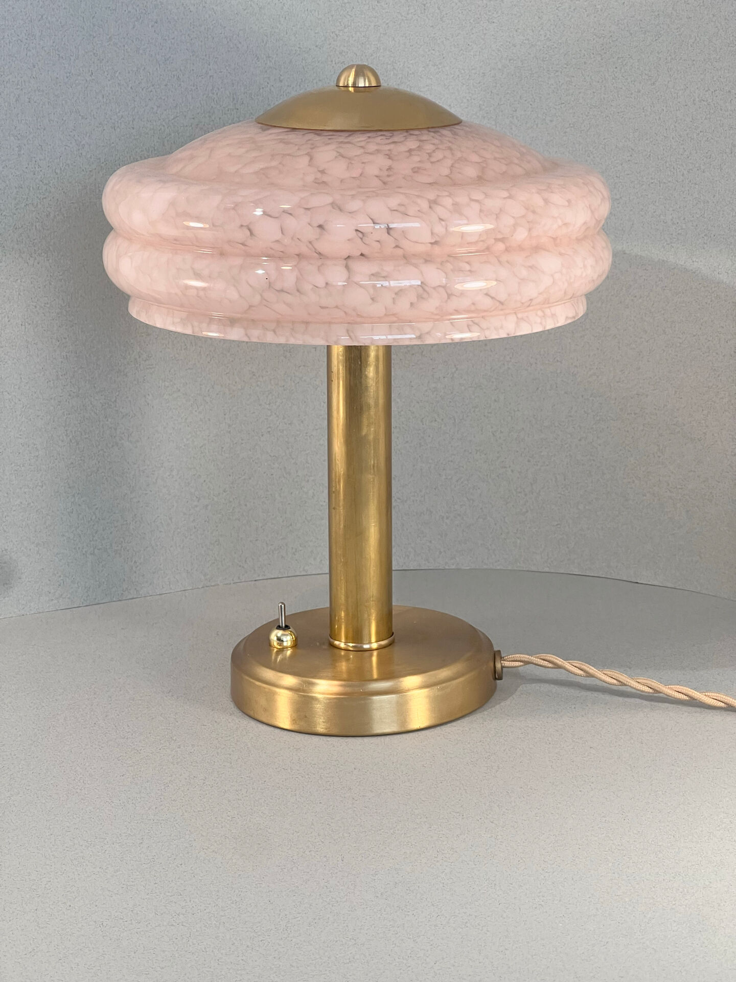 Art Deco mushroom table lamp, powdered pink Clichy glass