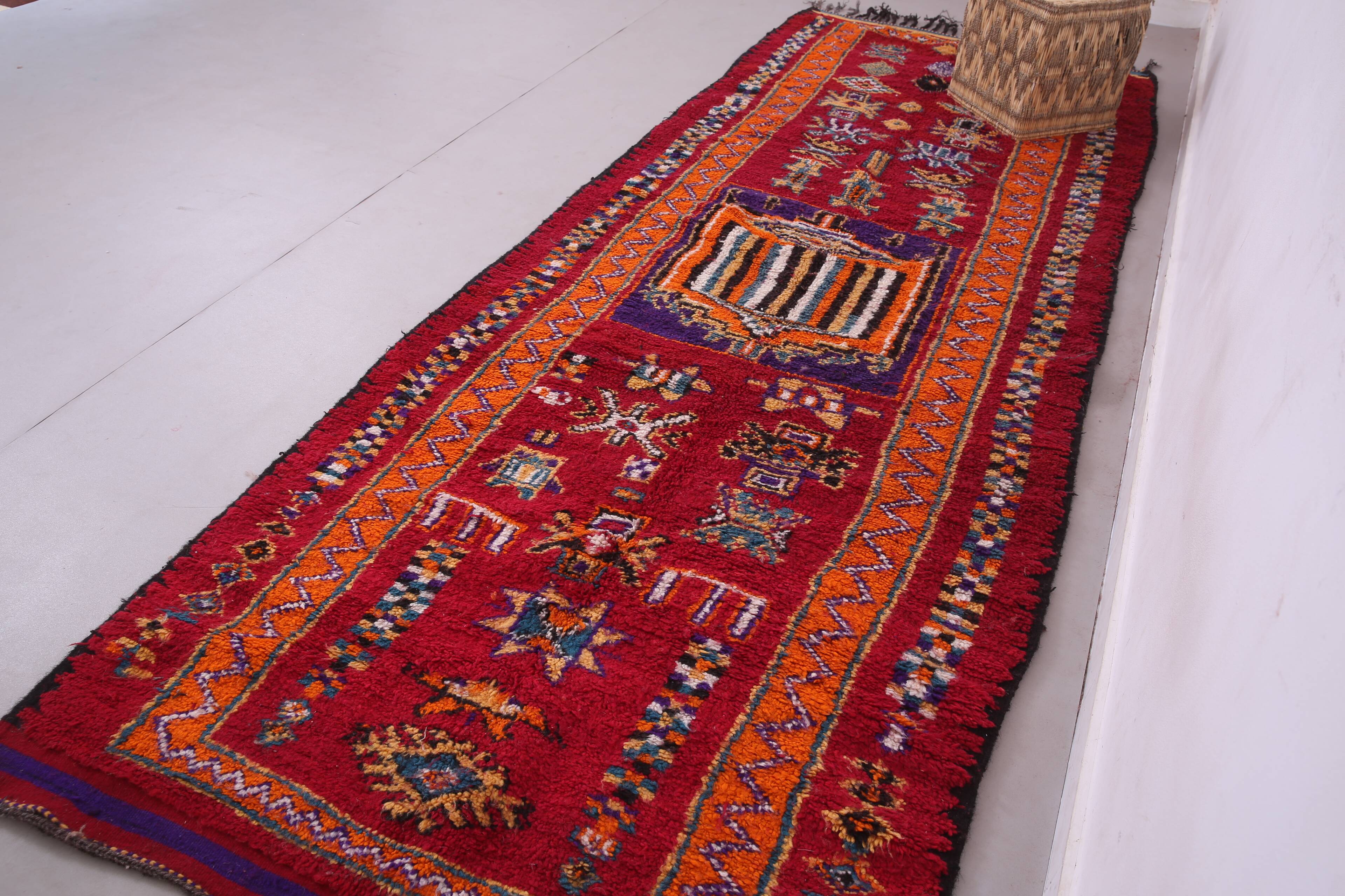 Red Vintage Moroccan Runner Rug 137 x 363 cm - Berber Wool Rug Hallway