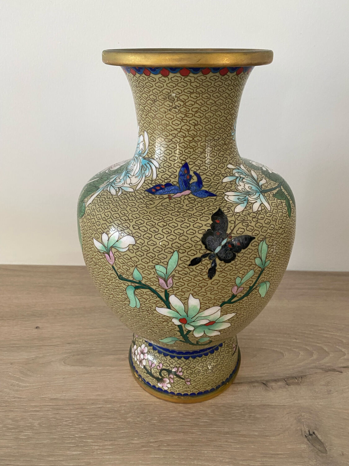 Chinese cloisonné vase decorated with flowers and butterflies.
