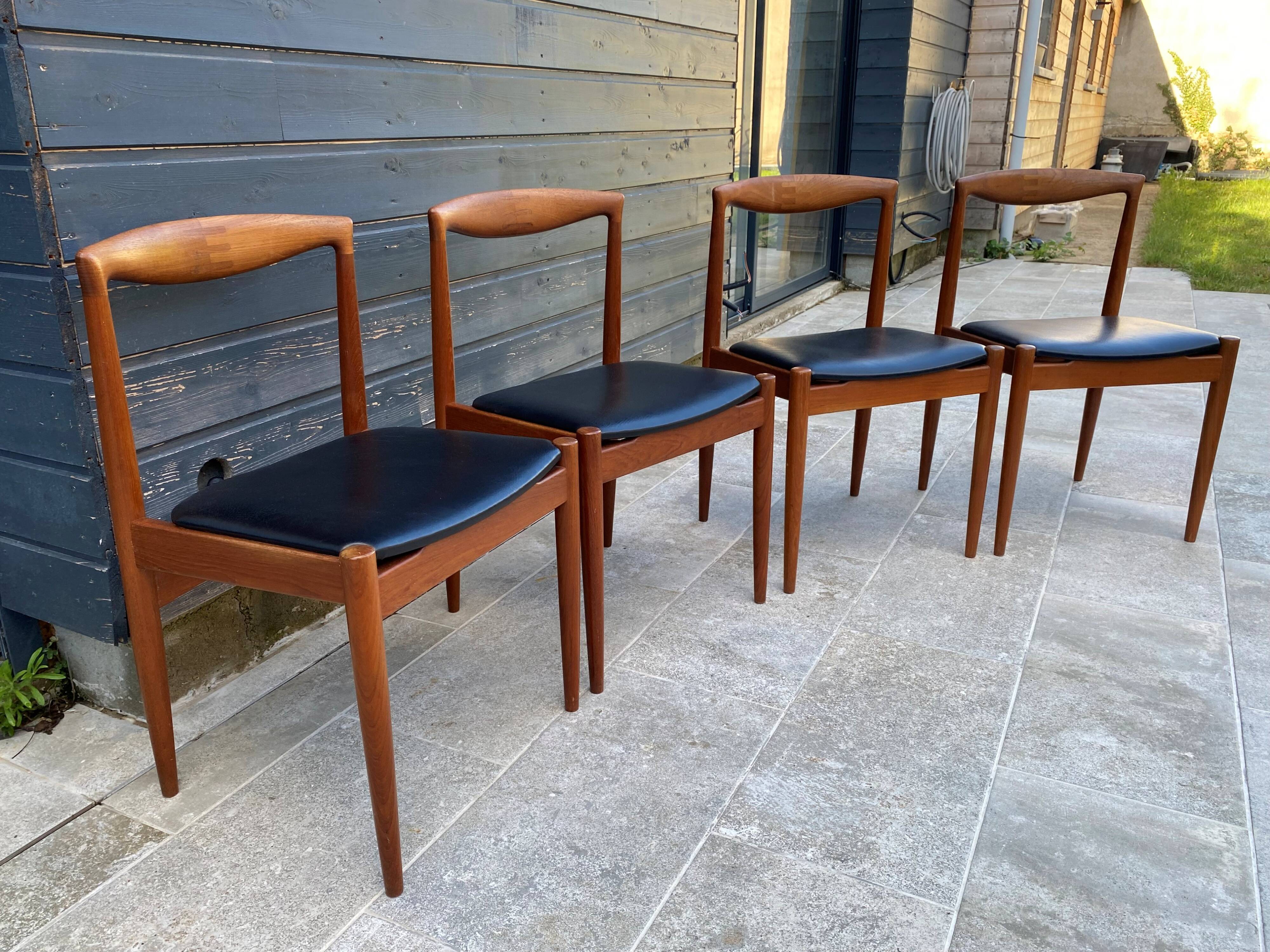 Set of 4 Scandinavian chairs by Johannes Andersen, Vamo Sonderborg, teak and imitation leather, 1960