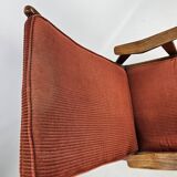 Teak armchair with red ribbed fabric Gelderlander Rob Parry