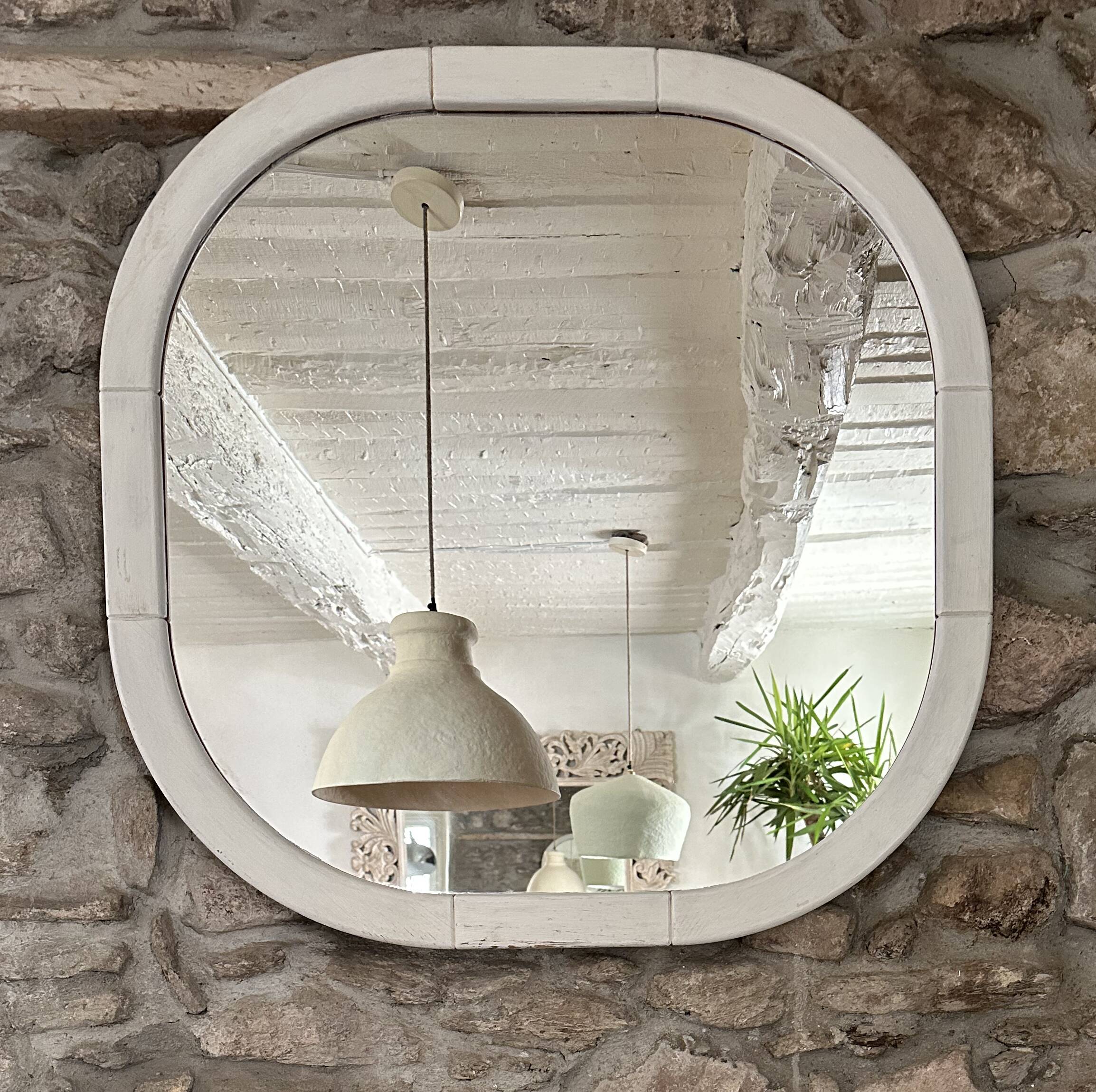 Scandinavian Space Age mirror in patinated white wood, 1970s