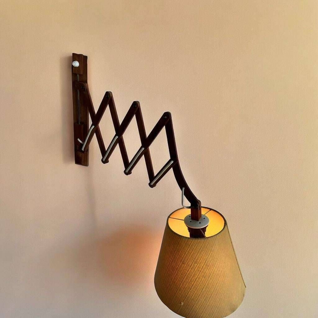 VINTAGE WOODEN WALL LAMP / SCISSOR LAMP WITH LAMPSHADE 'ARO LEUCHTEN'