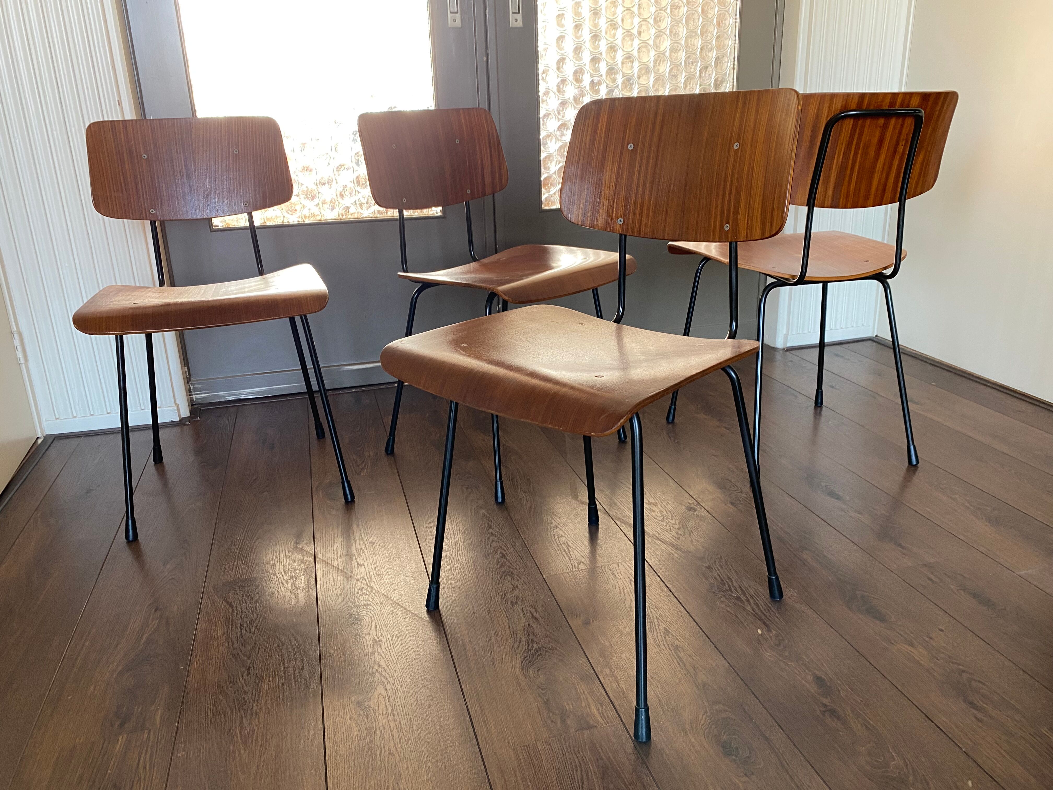 Set of 4 teak and steel dining chairs by Tjerk Reijenga for Pilastro 1950s