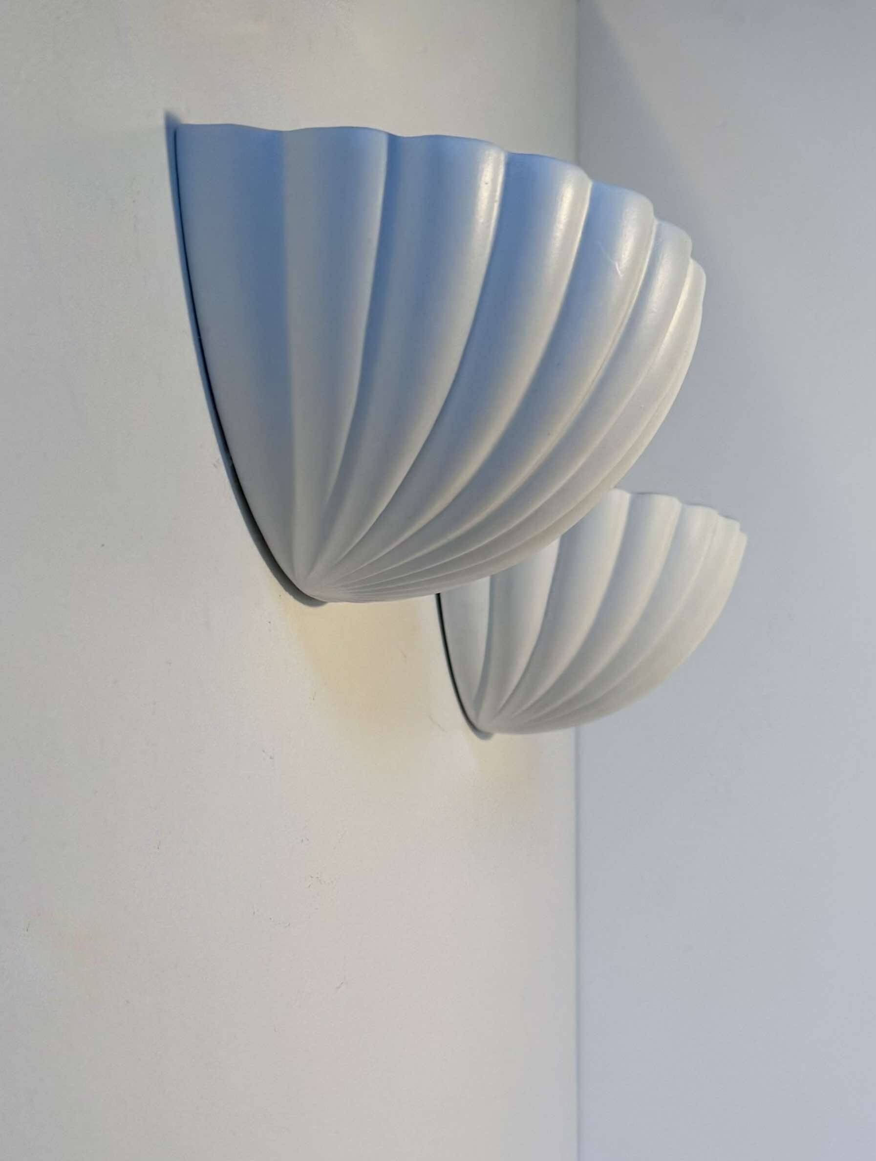 Pair of vintage shell wall lights, matte white, France 1970