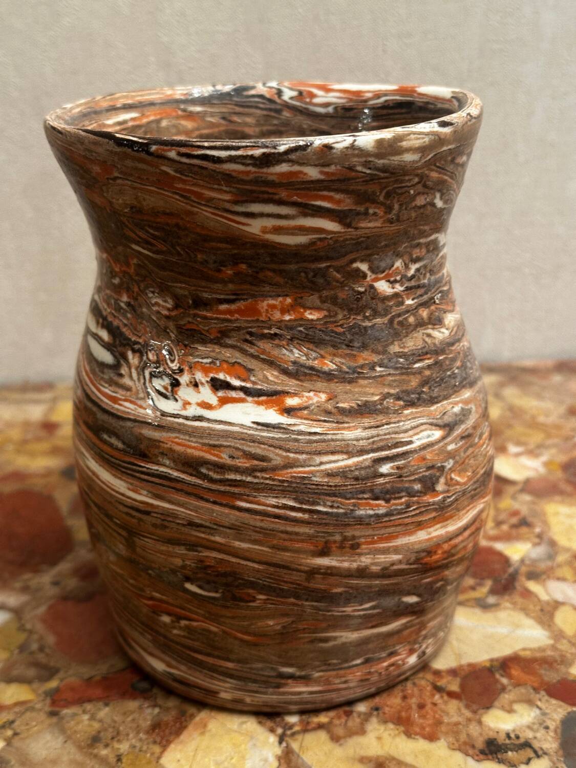 Small Vintage Marbled Terracotta Vase signed Bethany H 15.5 cm