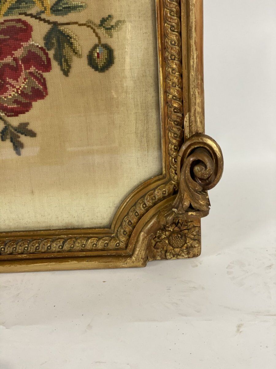 Cross-stitch tapestry in a Louis XVI style frame from around 1900.