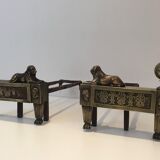 Paire de chenets d'époque Empire en bronze représentant des lions allongés