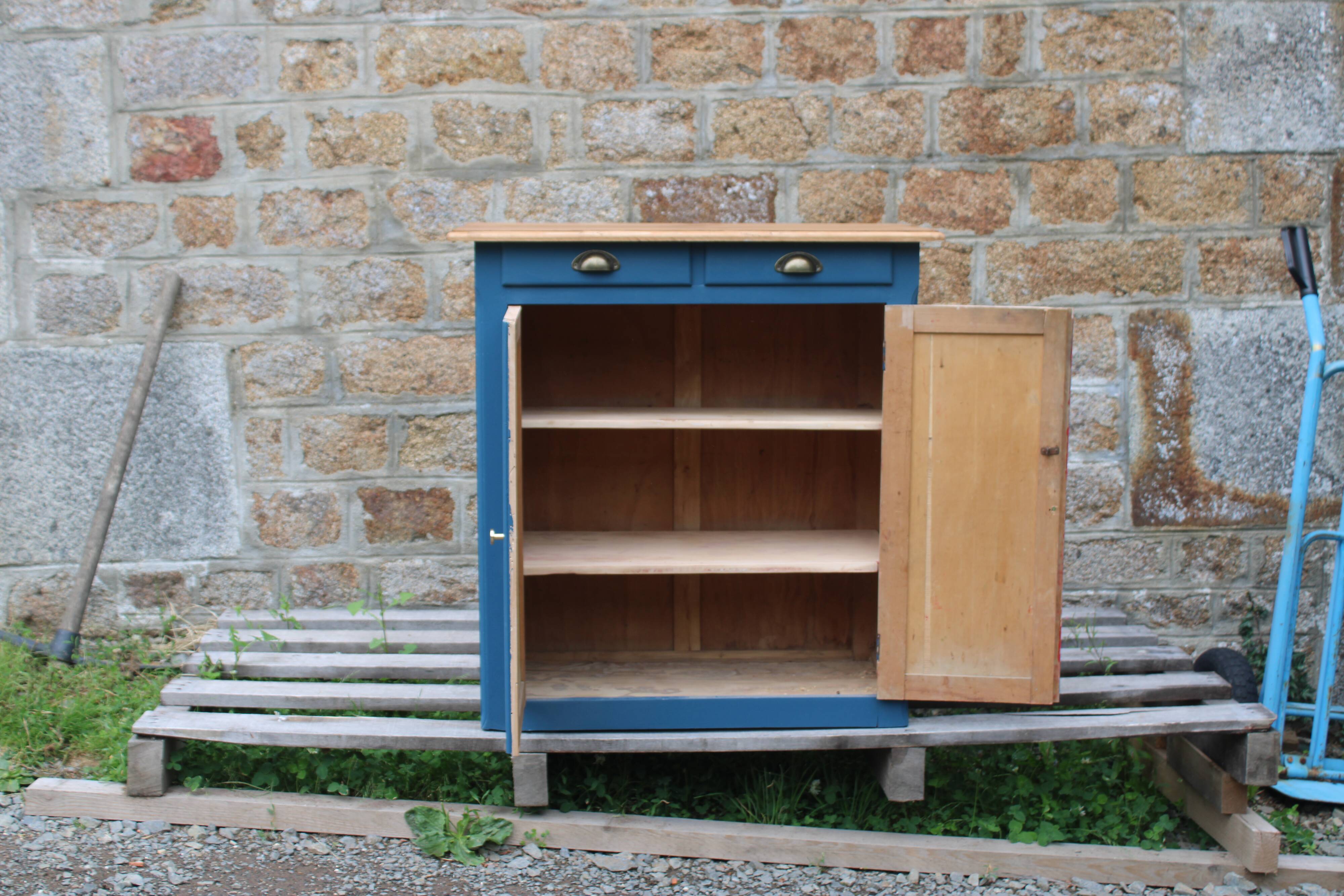 Vintage deep blue Parisian sideboard & natural wood top
