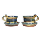 Set de 2 mugs en grès avec sous tasses, poterie artisanale, 1980