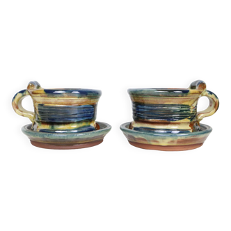 Set of 2 stoneware mugs with saucers, artisanal pottery, 1980