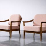 Vintage Mid-Century Modern Wood and Fabric Armchairs from W. Knoll, Set of 2