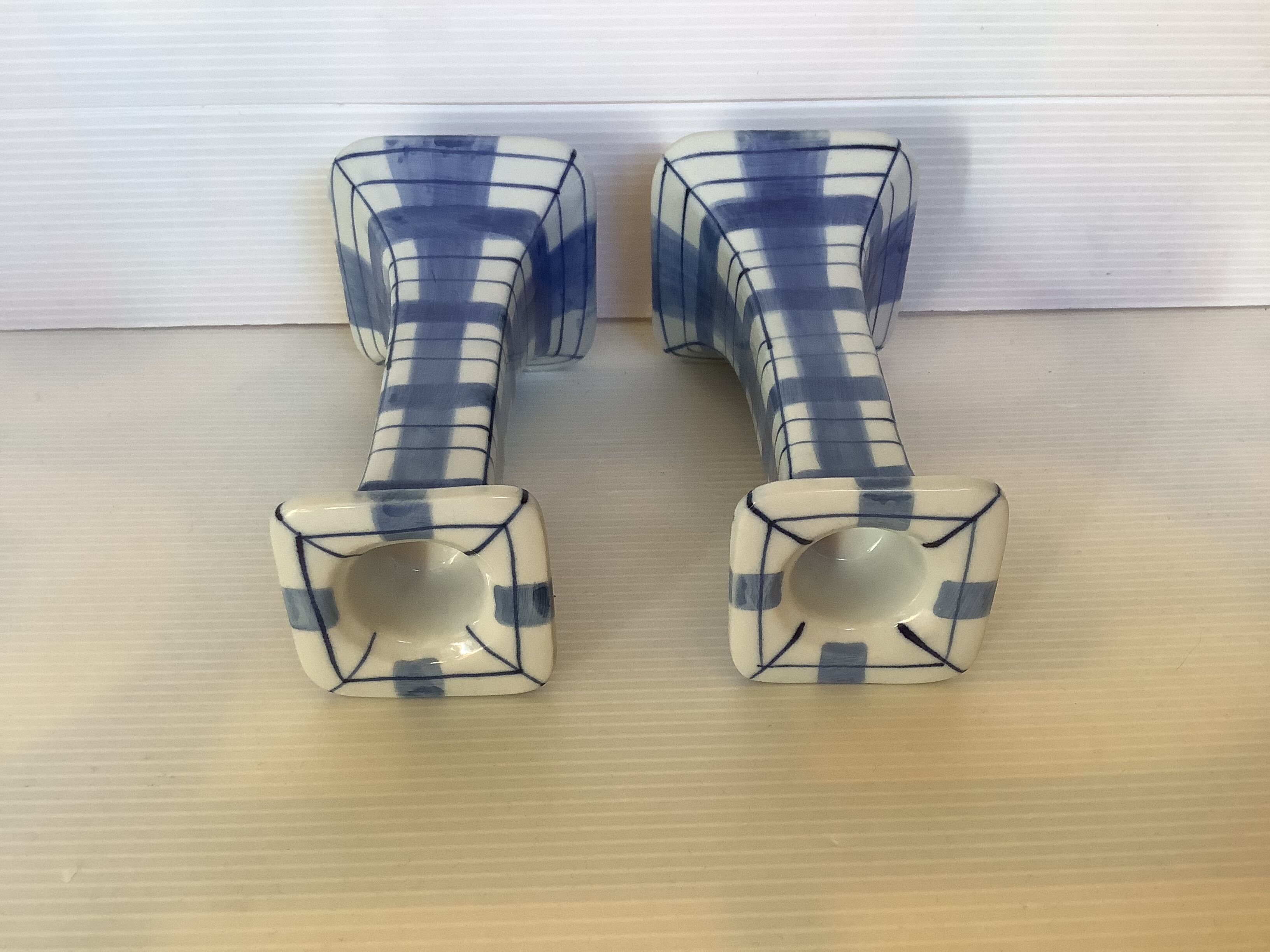 Pair of candlesticks patterns dish towels blue tiles