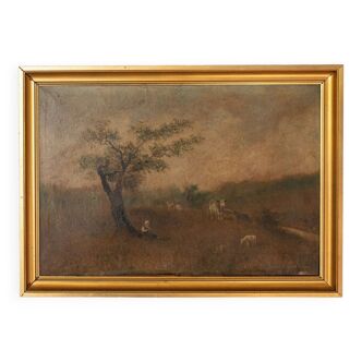 Huile sur toile par Emile Tesson bergère sous un arbre début XXe
