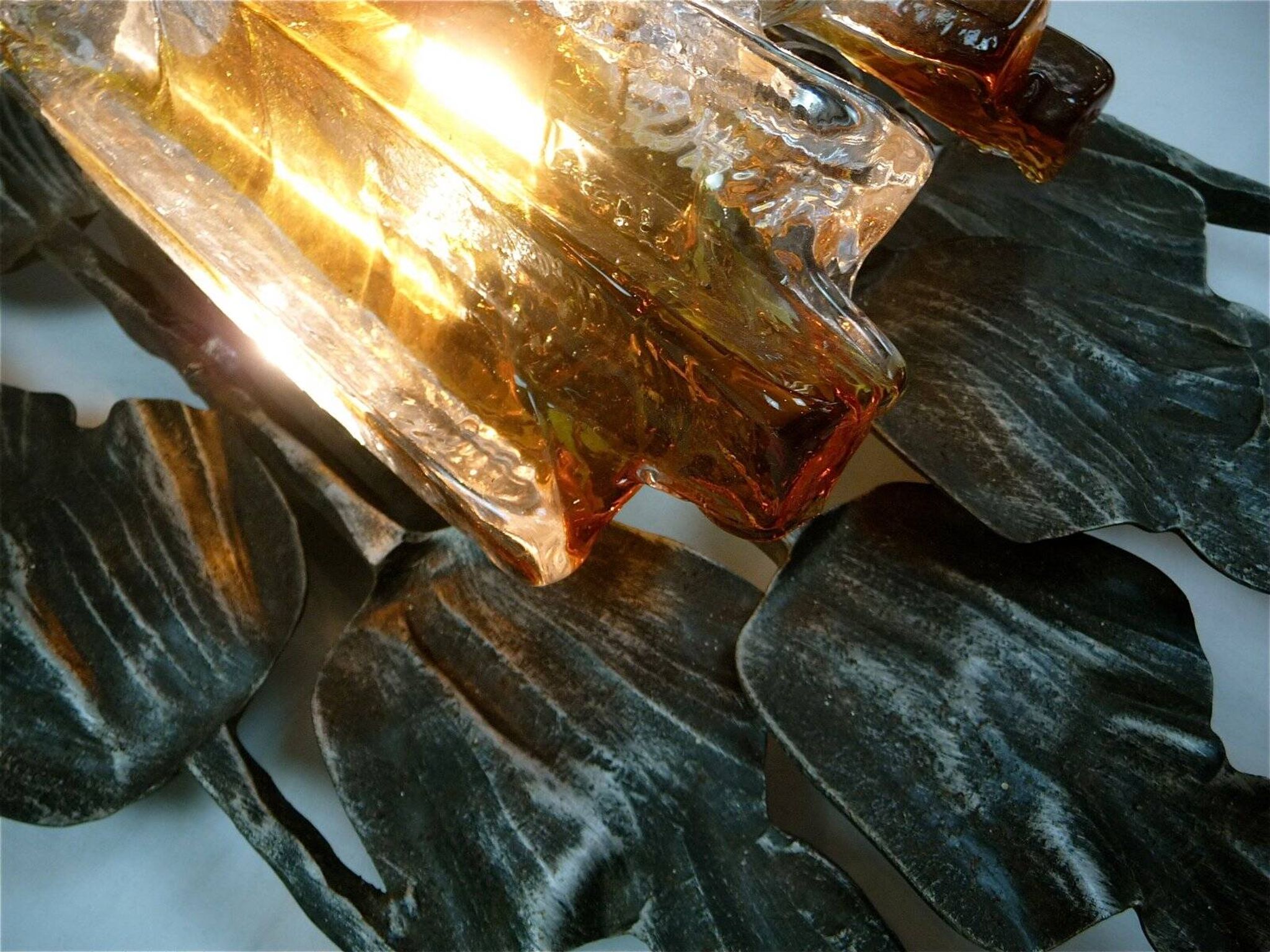 Large brutalist iron & ice Murano glass sconce / wall lamp, 1960s