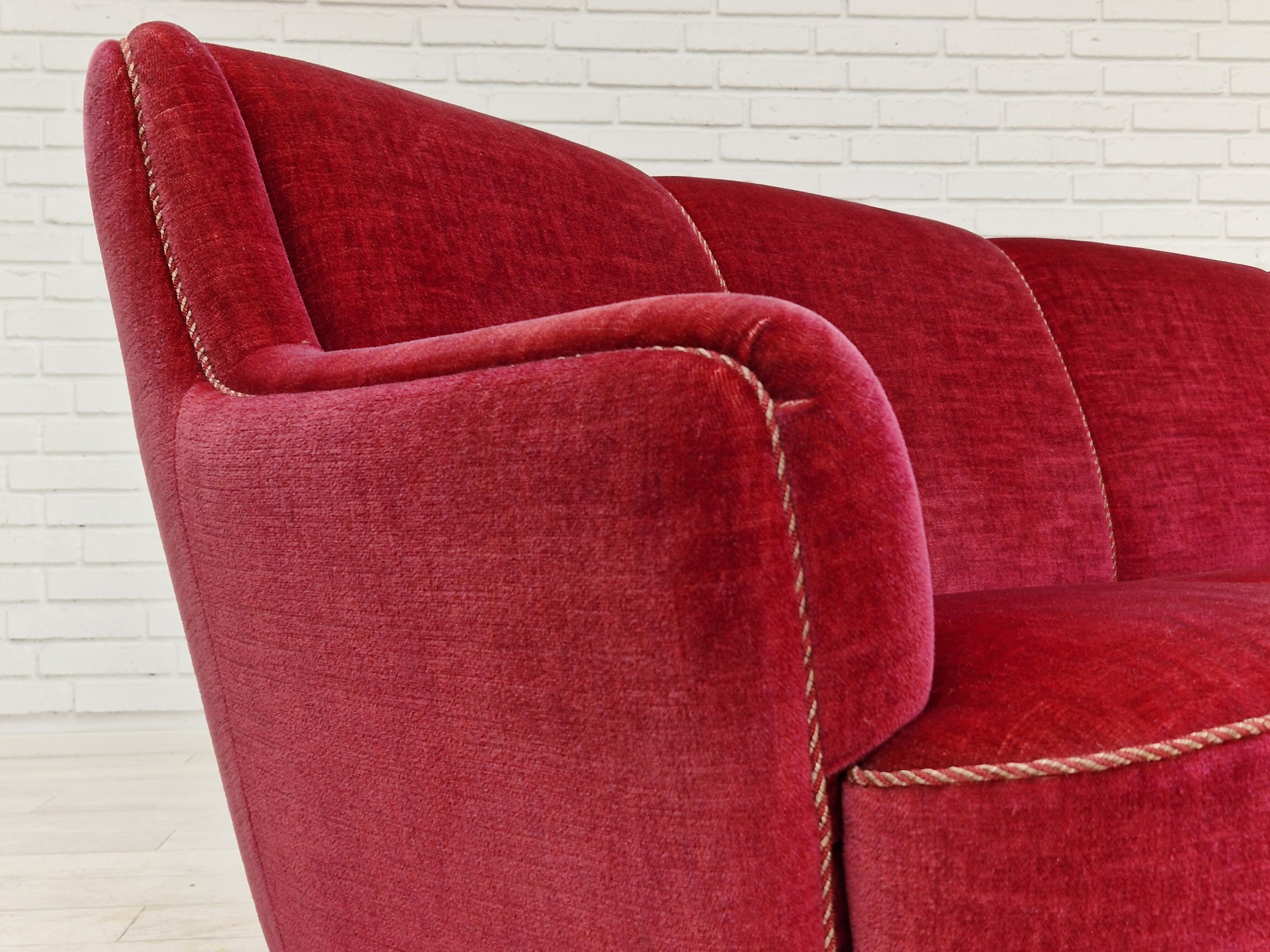 1970s, Danish vintage 2 seater "Banana" sofa, cherry-red velour, original very good condition.