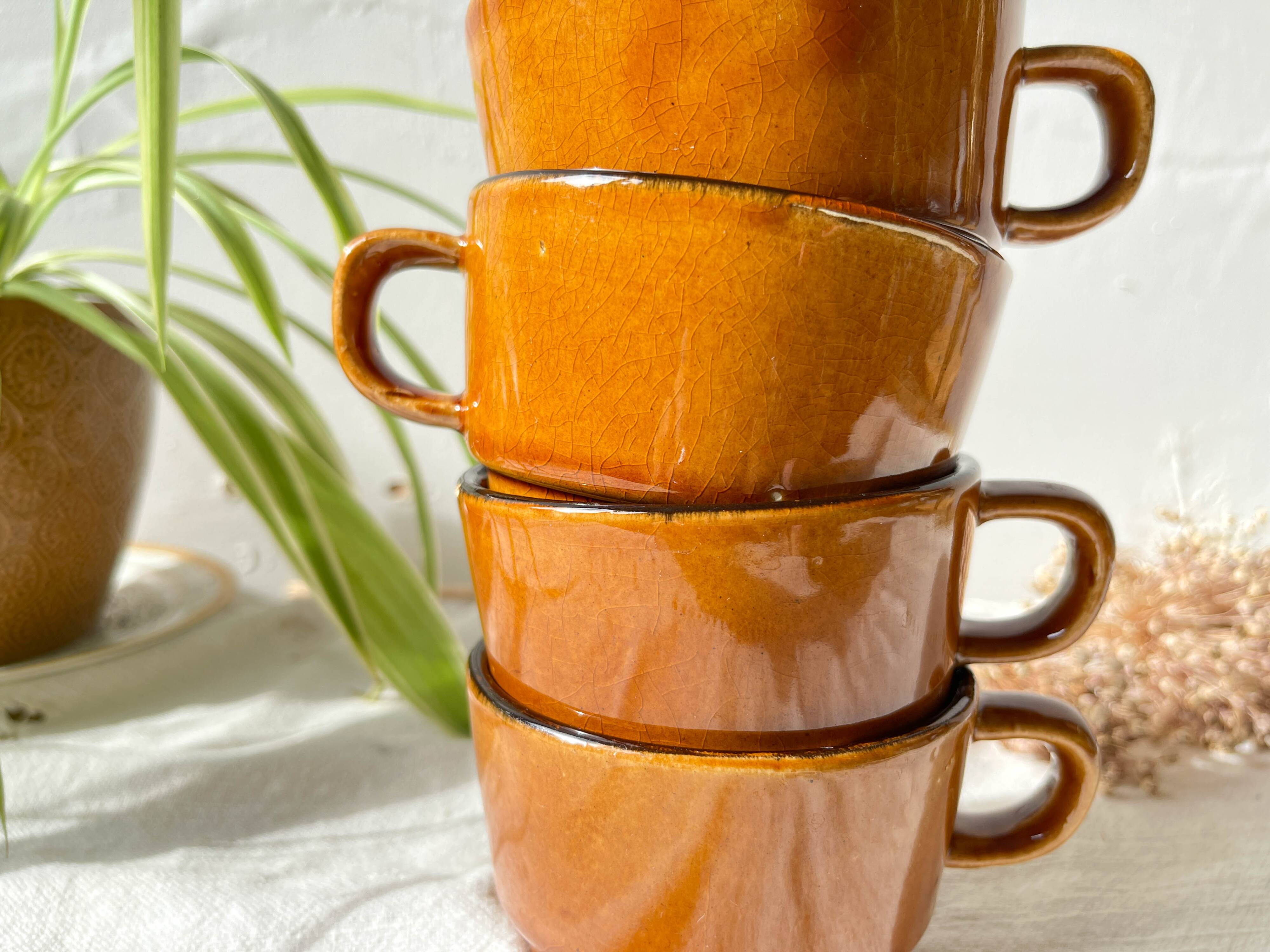 4 vintage dark caramel earthenware coffee/tea cups