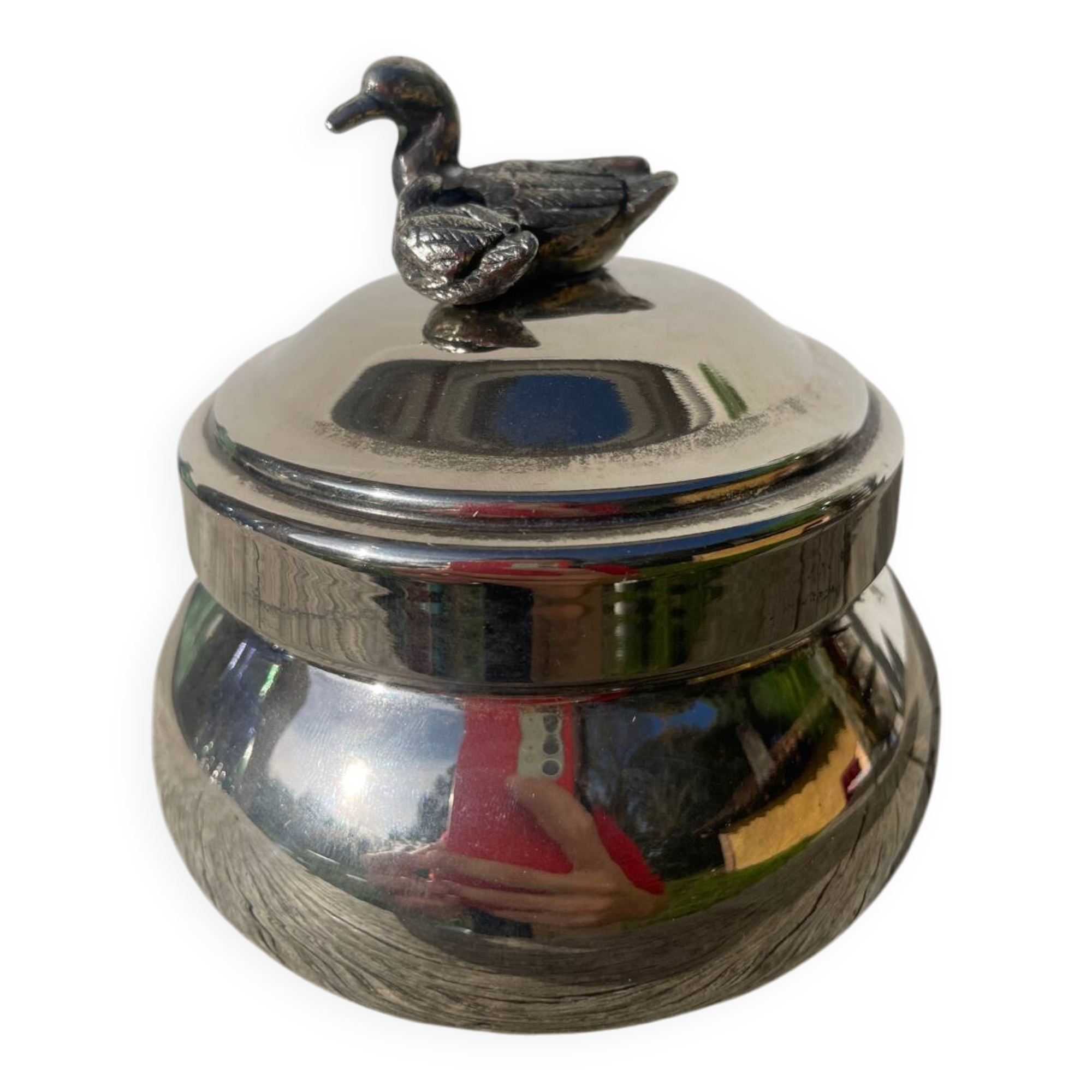Silver-plated metal box or sugar bowl with ducks