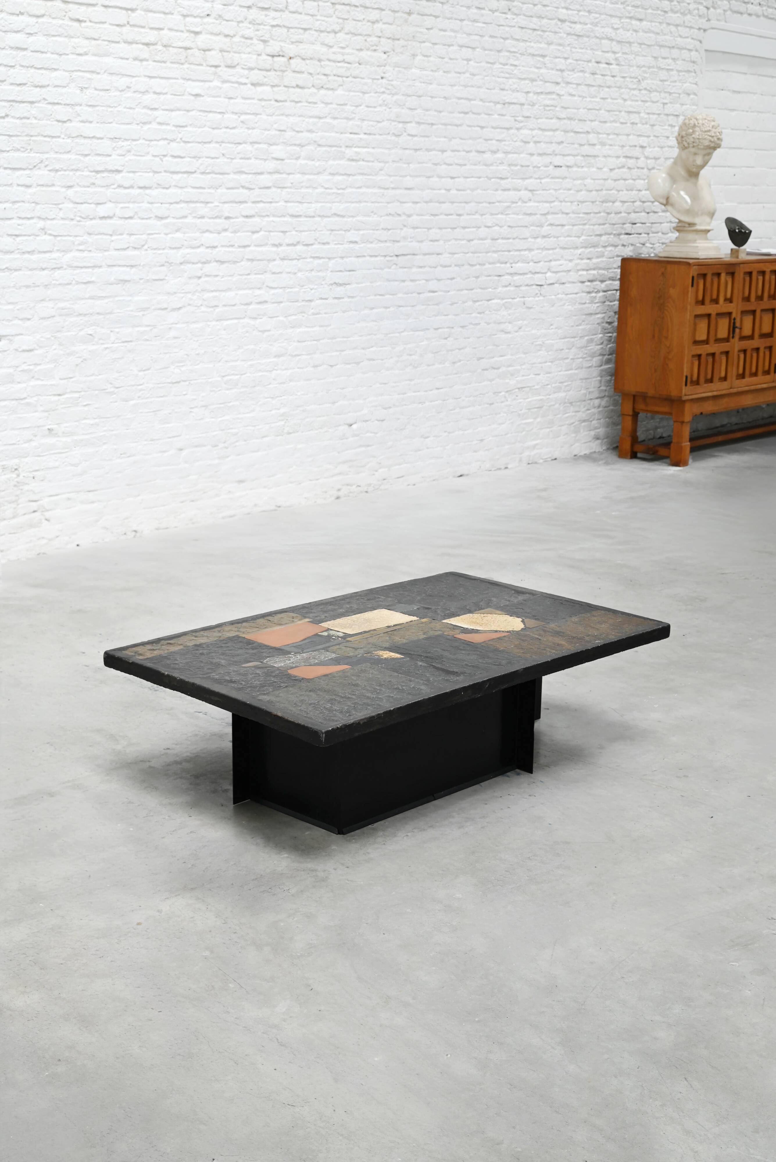 Paul Kingma slate, stone and brass inlaid coffee table, 1970s