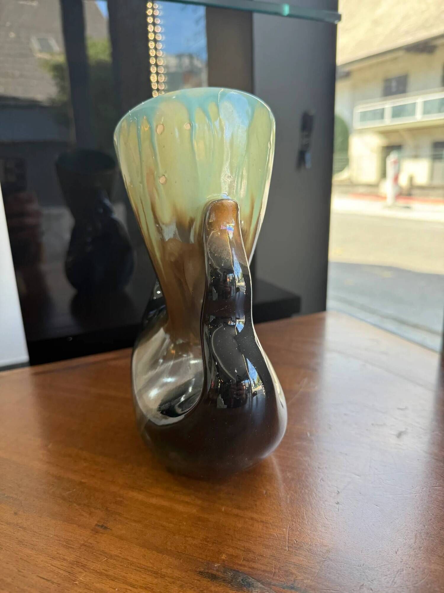 Vintage ceramic vase sculpture with openwork handles – Flamed green & black glaze (c. 1950–1960, Numbered 343)