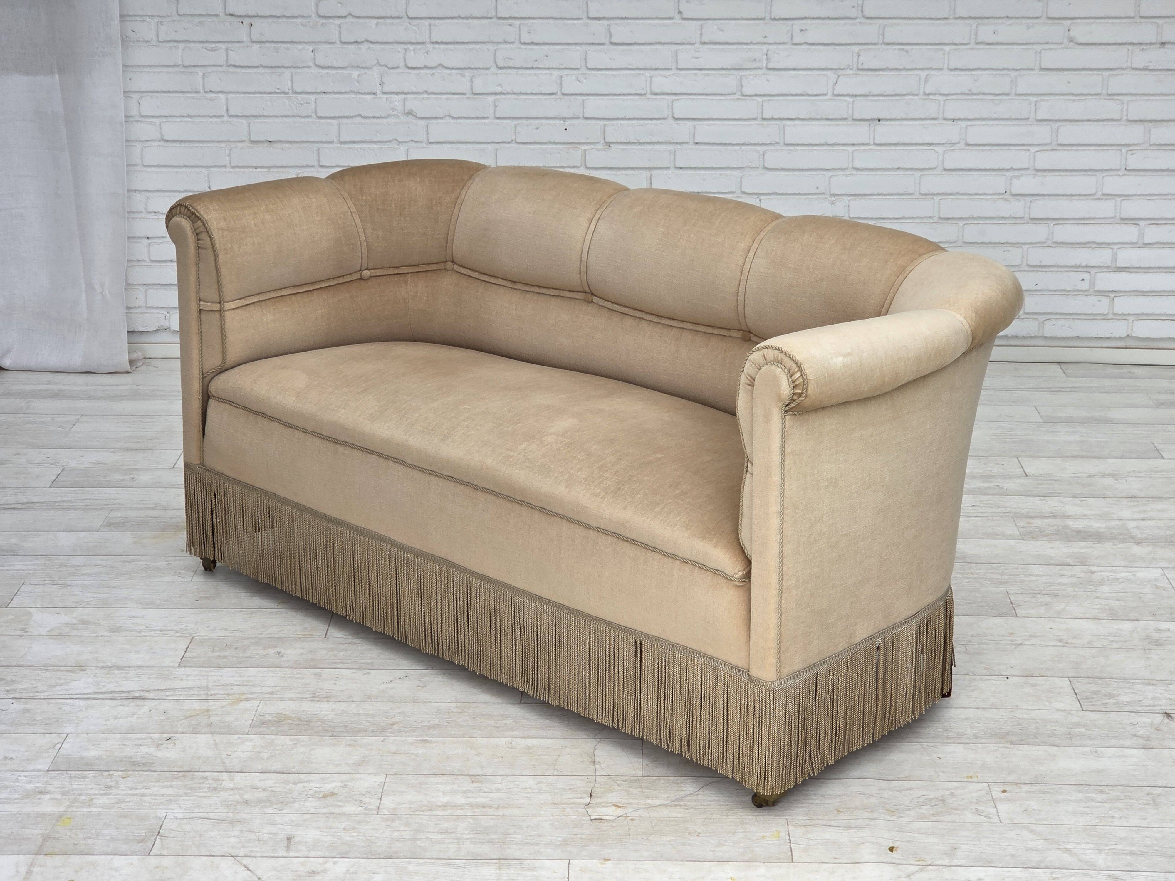 1950s, Danish 2-seater sofa, furniture velour, teak wood legs.