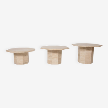 Set of 3 octagonal travertine side tables, 1970s,