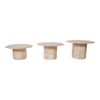 Set of 3 octagonal travertine side tables, 1970s,