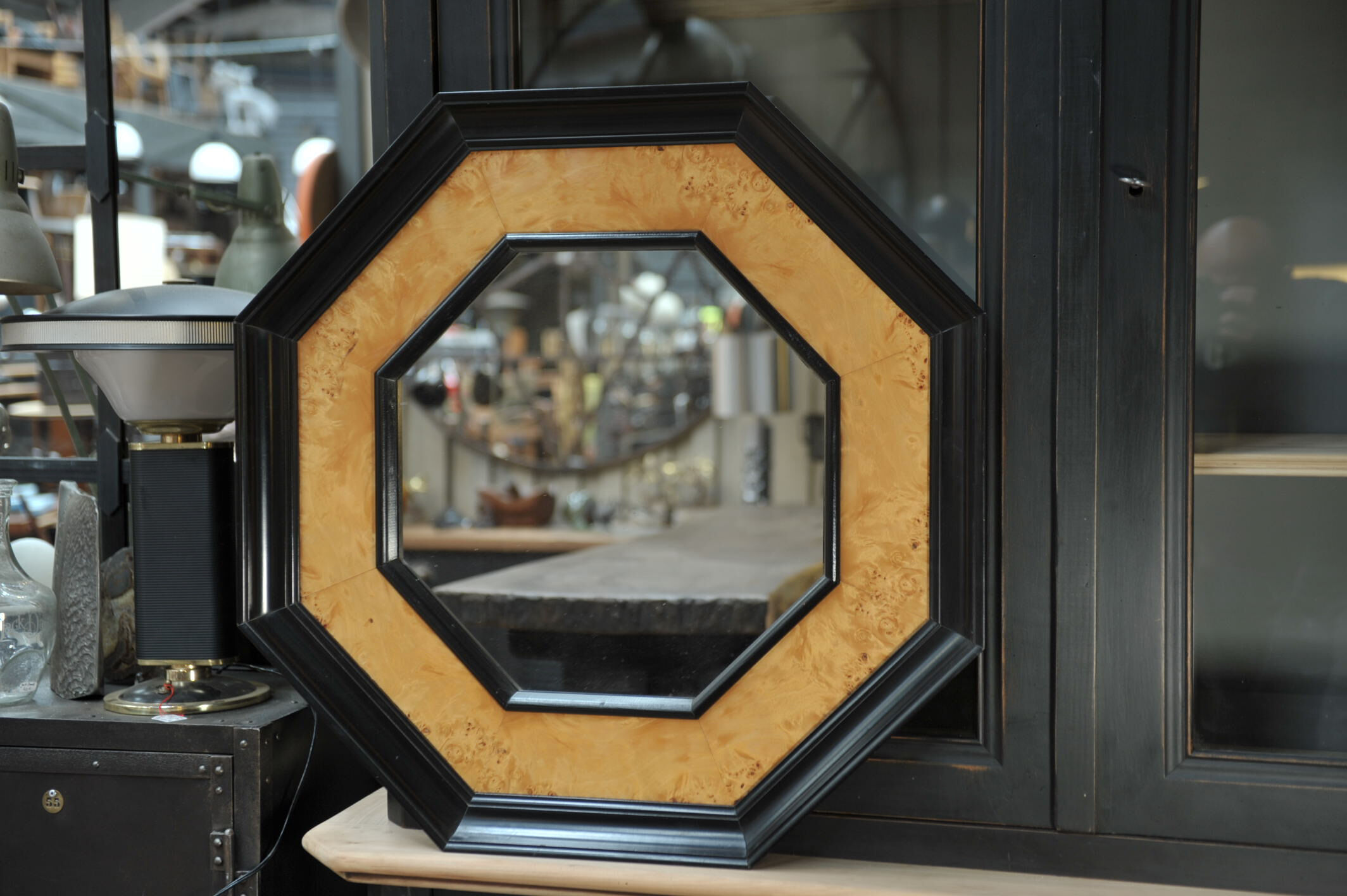 Octagonal vintage wooden mirror of the 1970s - 72cm