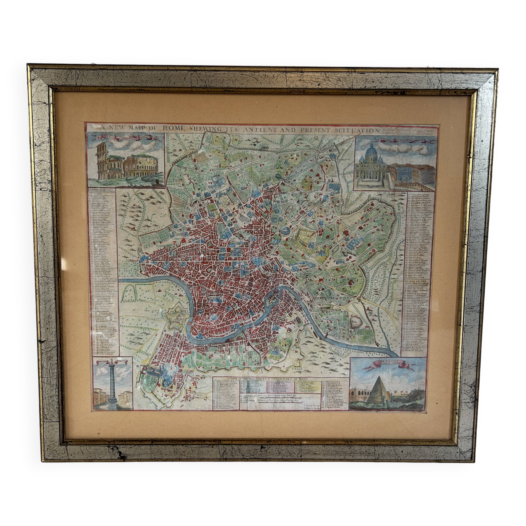 Gravure du XVIIIème - plan de Rome par J.Senex (1678 - 1740)