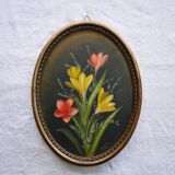 Set of 2 small oval paintings, flowers