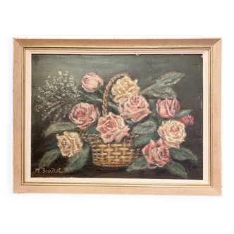 Peinture sur bois bouquet de roses signé