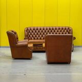 Vintage Chesterfield Brown Leather High Back sofa and Armchairs, Set of 3