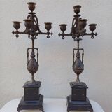 Large pair of 5-light candlesticks in spelter, complete, 19th century