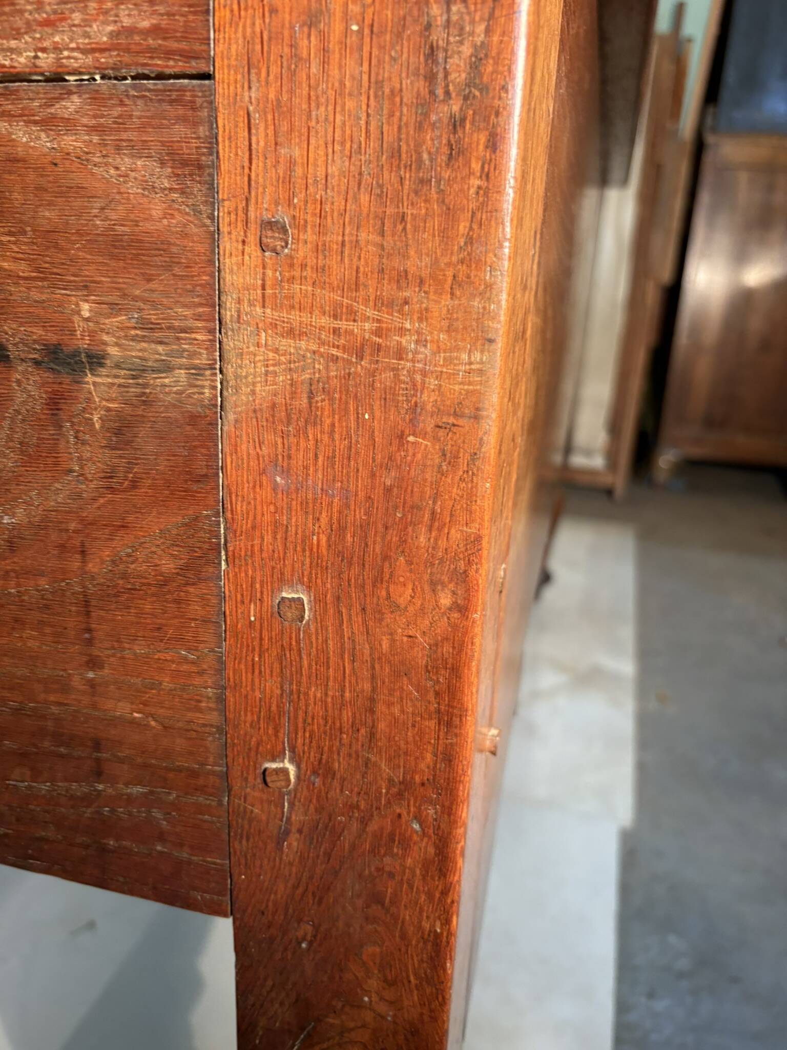 Large antique oak chest with turned legs
