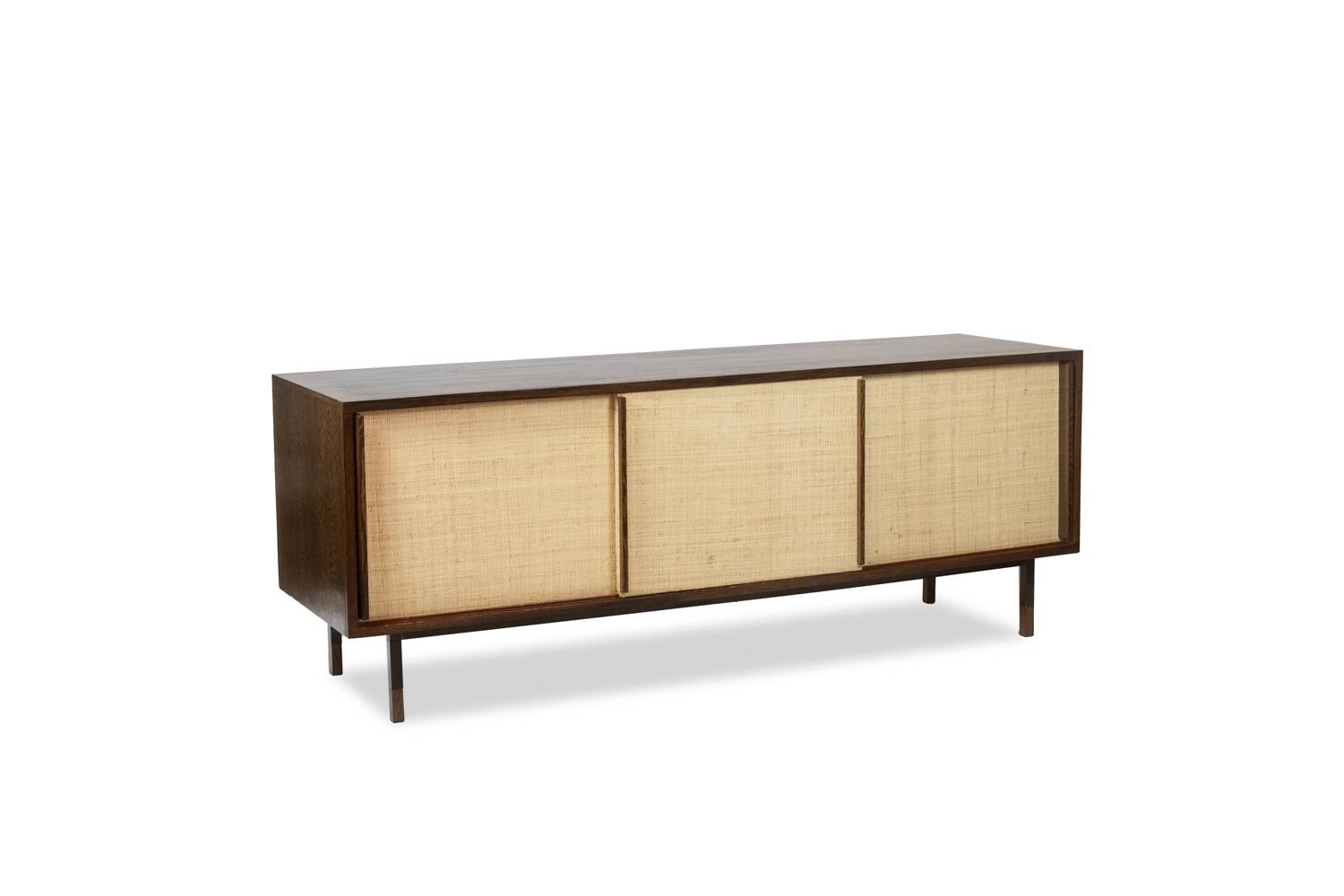 Sideboard in wenge, raffia and lacquered metal. 1970s.