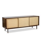 Sideboard in wenge, raffia and lacquered metal. 1970s.