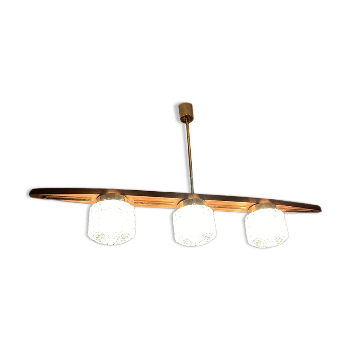 Vintage teak, brass and glass chandelier