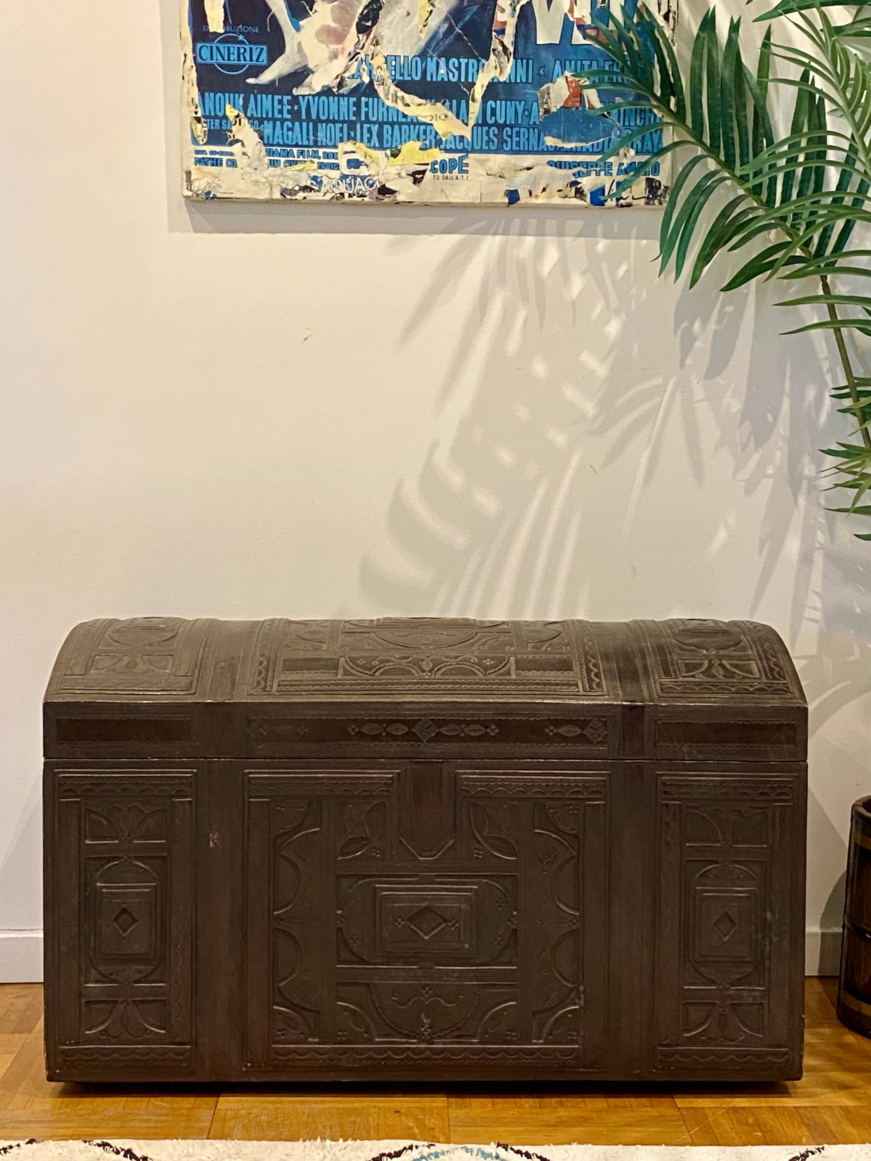Brown leather and wood domed chest