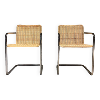 Pair of rattan cantilever chairs