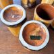 Vintage 1970s ceramic pitcher and glass set for orangeade, faux bamboo.