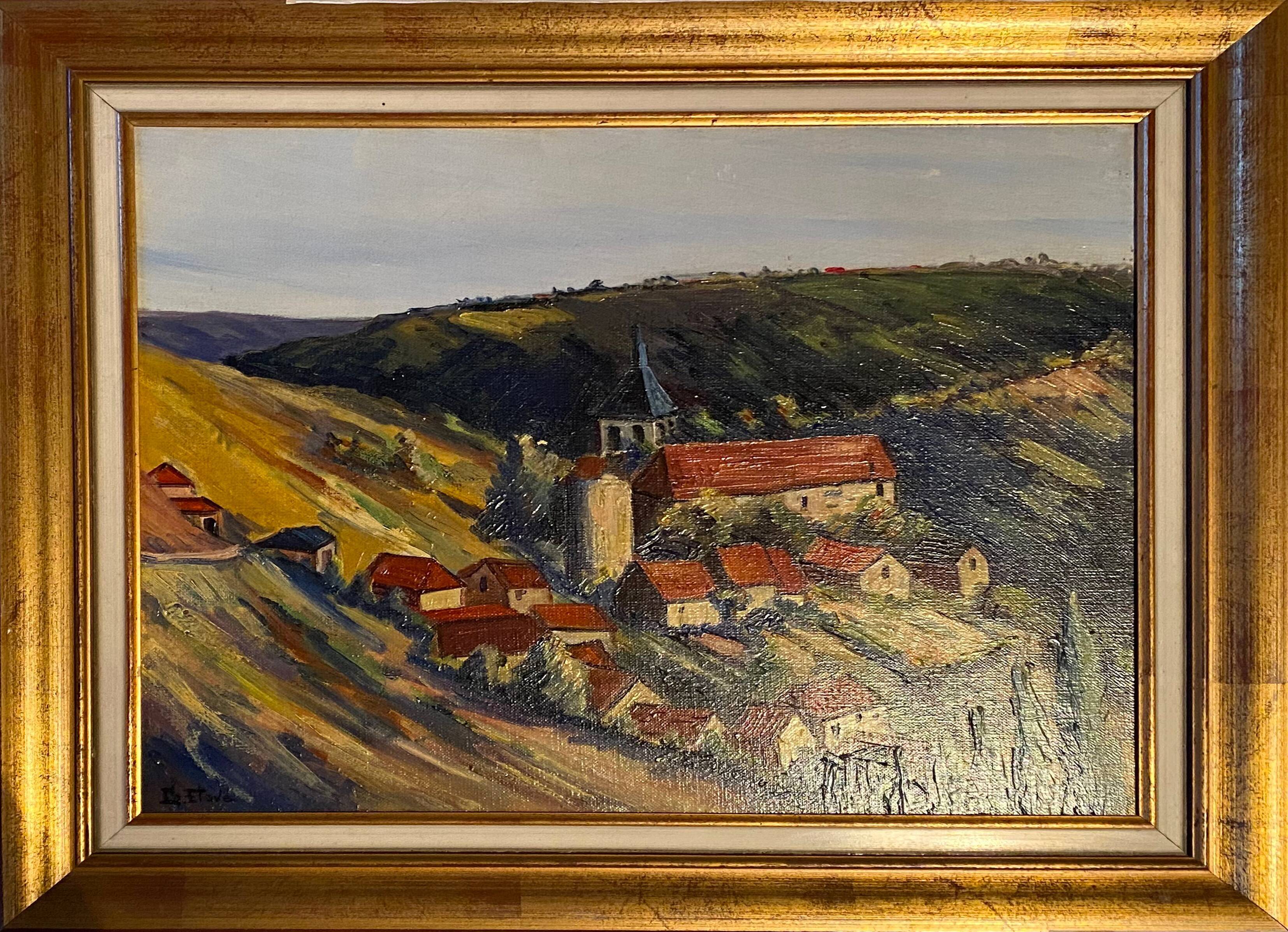 HST painting "Countryside landscape with village" signed G. Etave