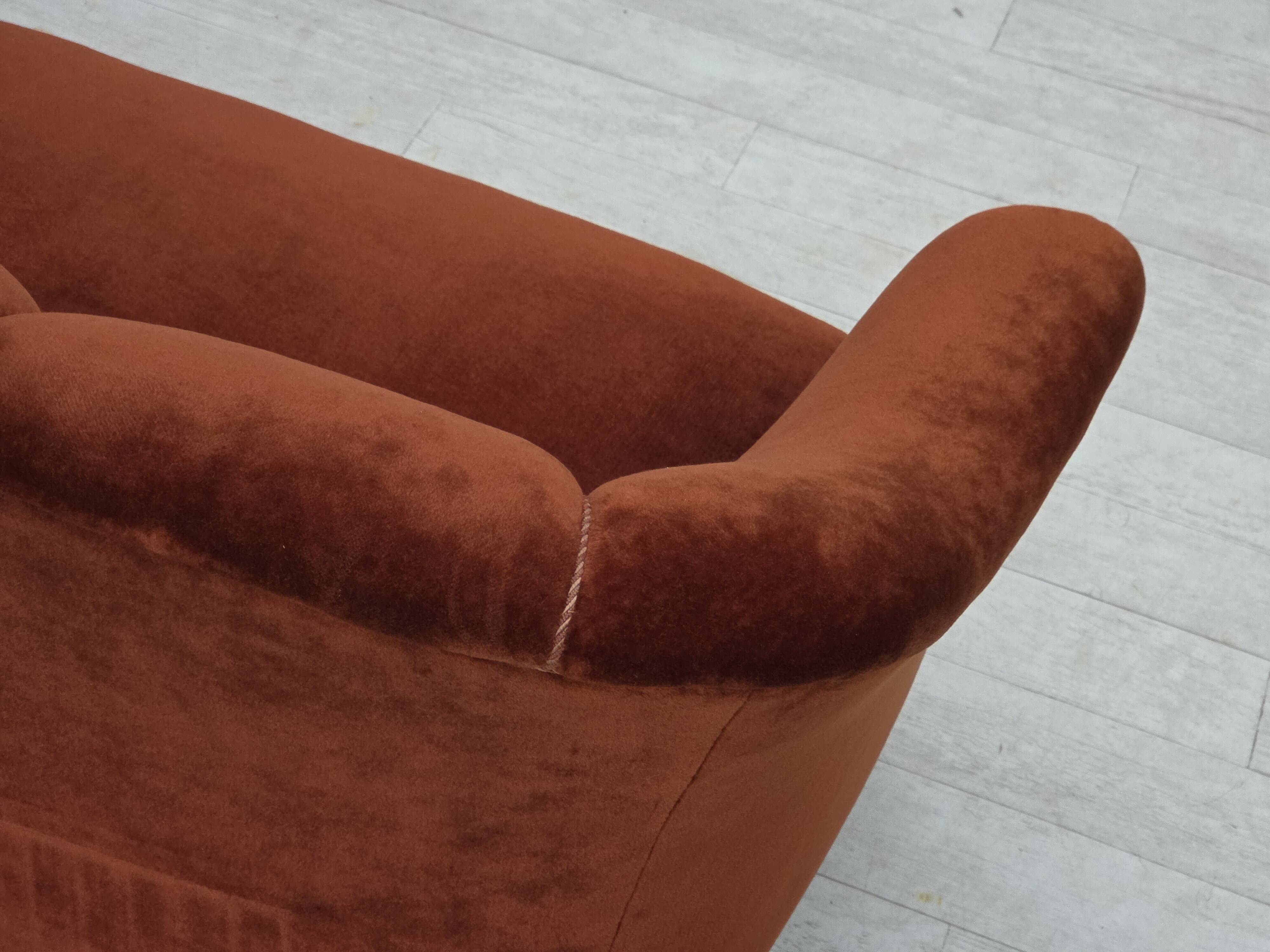 1950s, Danish 2-seater sofa, furniture velour, oak wood legs.