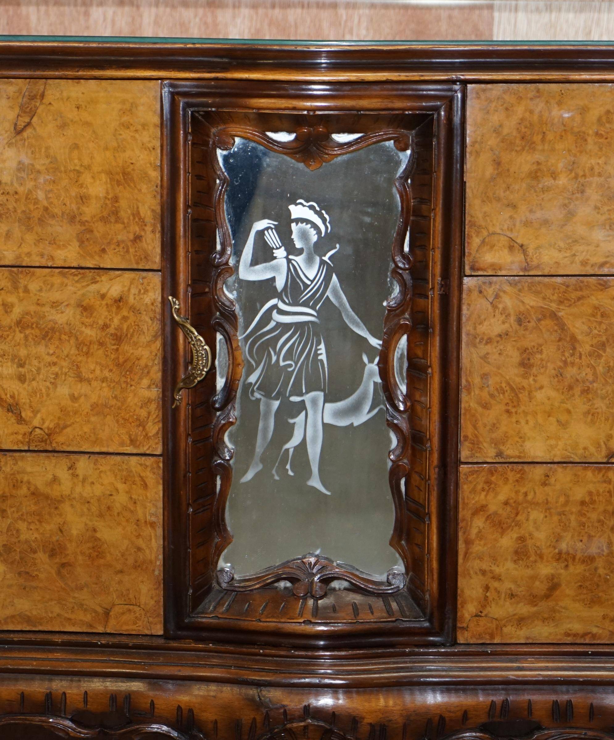 Vintage Italian Buffet in Walnut with Serpentine Front and Mirror Top