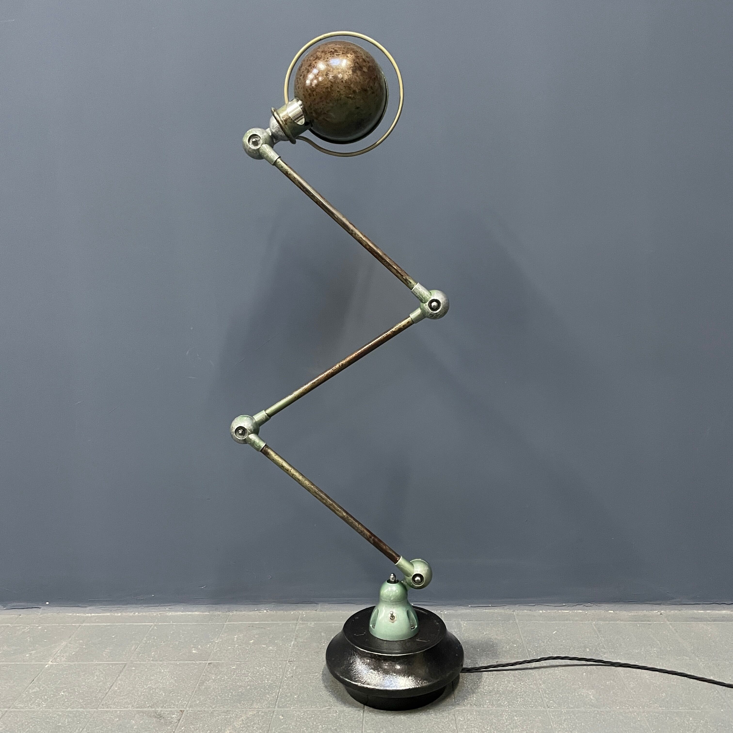3 arm vespa green patina Jieldé lamp on cast iron base