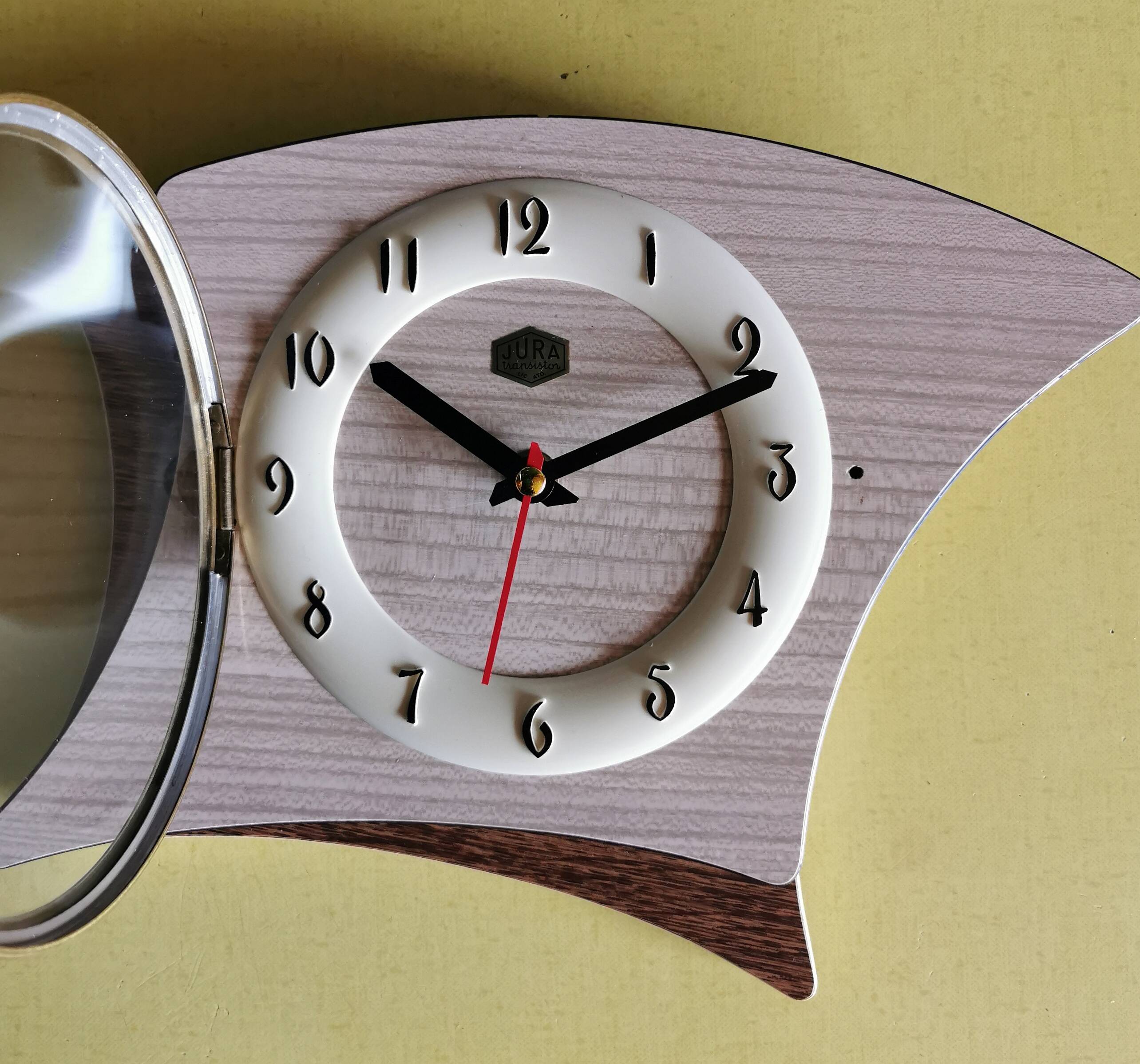 Vintage formica clock silent asymmetrical wall pendulum "Jura bois"