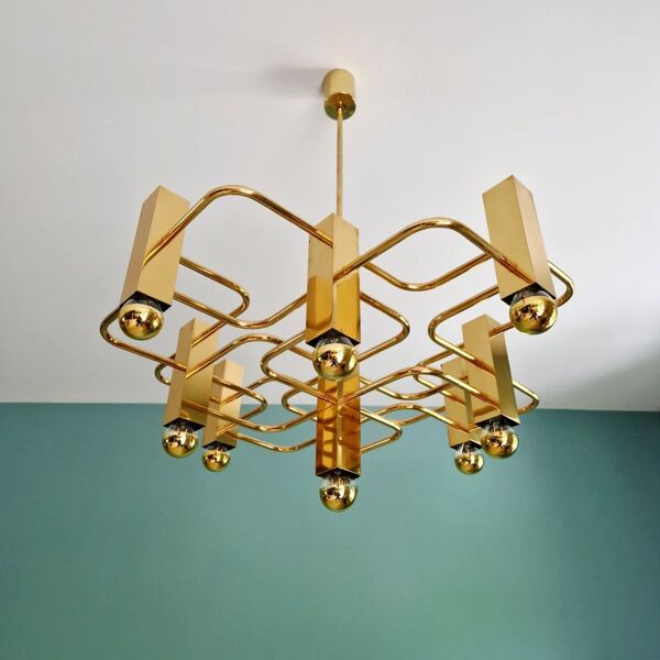 Grand lustre géométrique en laiton, Gaetano Sciolari, Boulanger, 1970