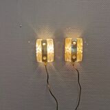 Set of wall lamps in brass colored suspension with thick pressed glass, from Danish Vitrika 1970s.