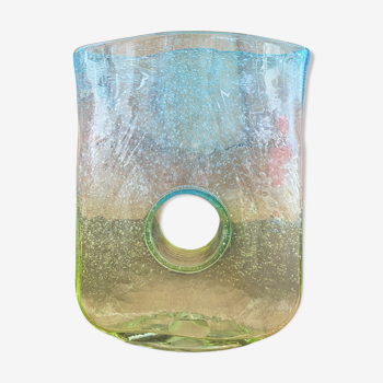 Vase blown glass bubbled tricolor yellow green blue modernist shape